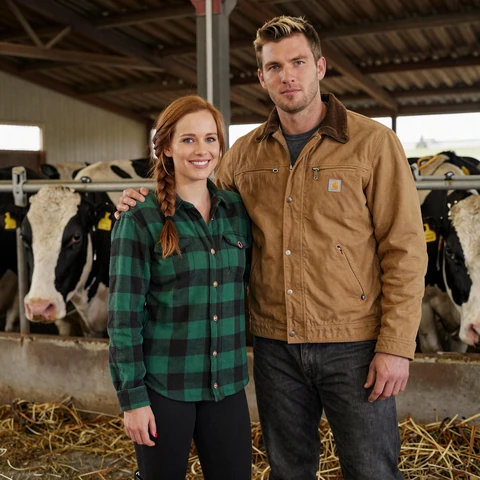 Sarah and Daniel in a Wisconsin dairy barn with Holstein cows behind them