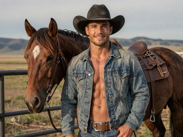 Travis, a cowboy standing next to his horse in a Montana corral with open grassland behind him