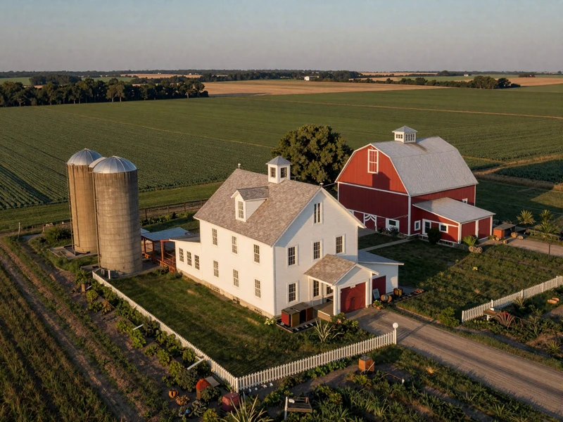 Multi-generational farmstead with stately farmhouse red barn modern silos and green crop fields in Iowa