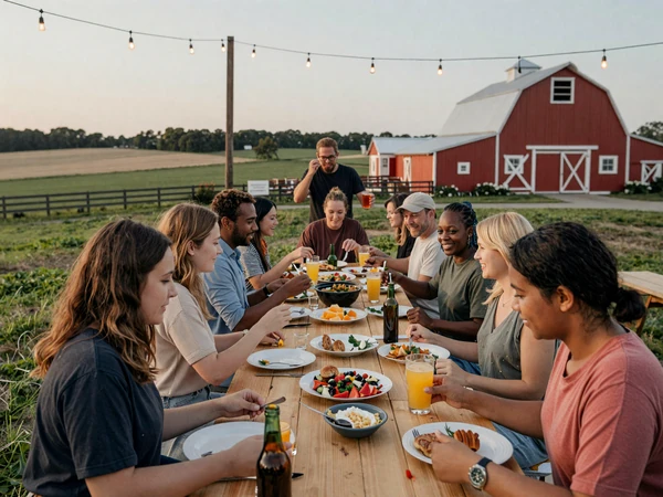 Diverse group of farmers sharing a communal meal outdoors at a farm under string lights