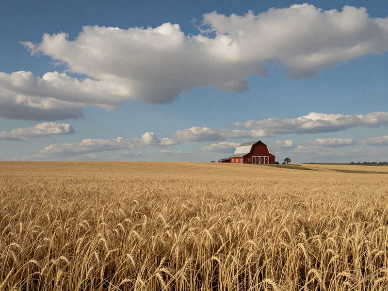 Golden wheat field stretching across Kansas Flint Hills with red barn on the horizon for Kansas farmers dating