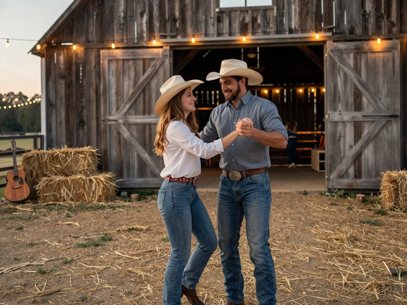 Couple dancing at a Tennessee barn dance with string lights representing country farmers dating