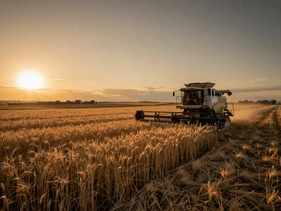 Golden wheat field at sunset with combine harvester - seasonal dating challenges for farmers
