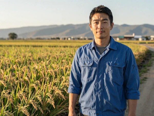 Kenji, a Japanese American rice farmer standing in a green paddy field in Sacramento Valley
