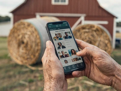 Farmer holding a smartphone near a barn - online dating tips for agricultural singles