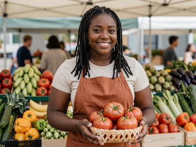 Danielle, a Black organic farmer at a farmers market with fresh produce near Atlanta
