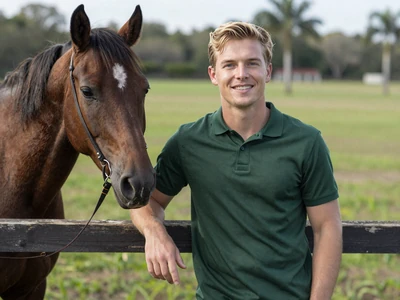 Brett, an equine farm manager from Ocala Florida, standing by a horse stable with thoroughbreds