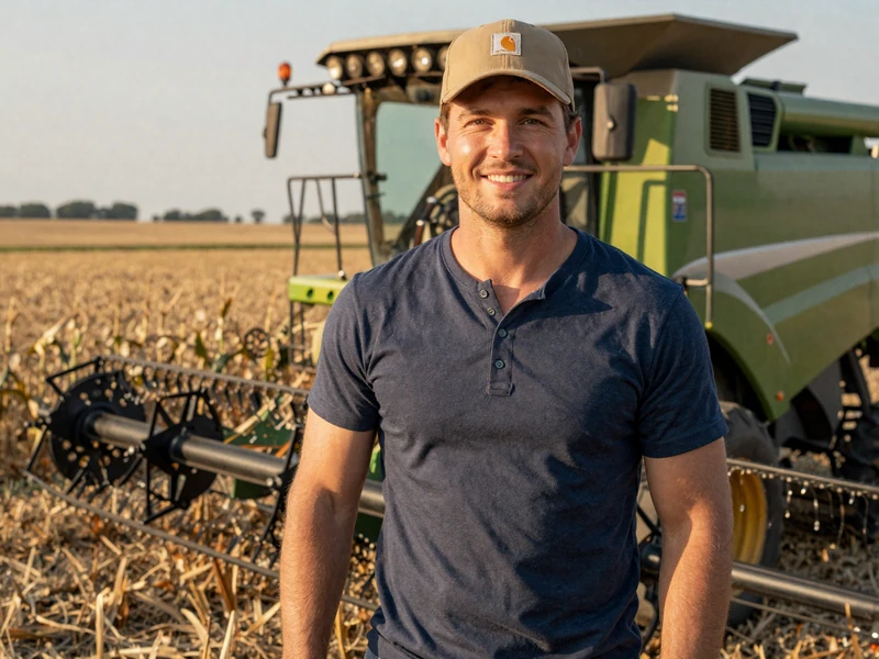 Travis, a grain farmer from Champaign Illinois, standing beside a combine in a cornfield at golden hour