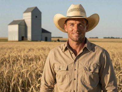 Travis, a wheat farmer from Dodge City Kansas, standing in golden wheat field at sunset