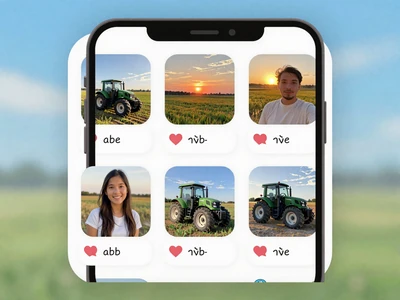Social media style activity feed with farmer profile cards and interaction buttons
