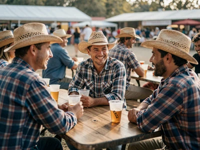 Farmers socializing at a county fair - community-first dating approach