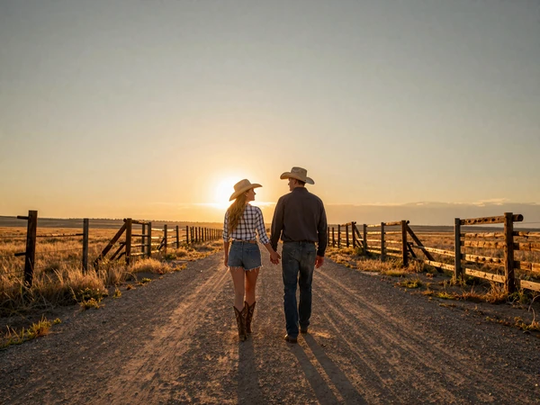 Couple walking a country road at sunset - explore country farmers dating community