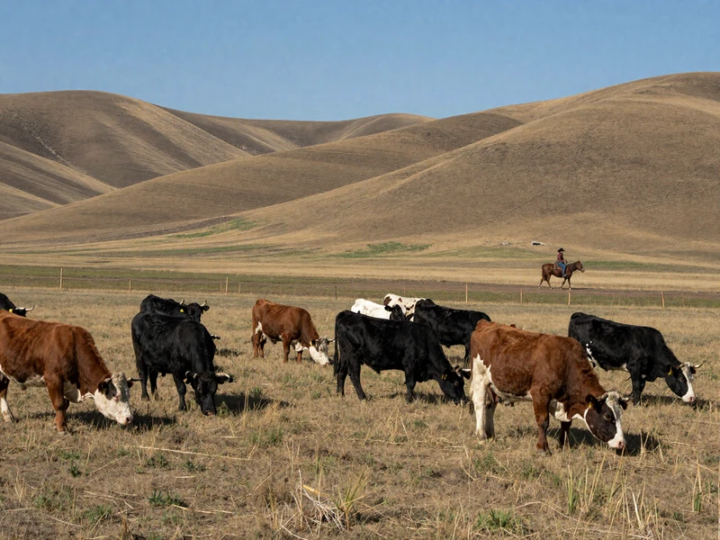 Hereford and Black Angus cattle grazing on vast Montana rangeland with rolling hills under big sky