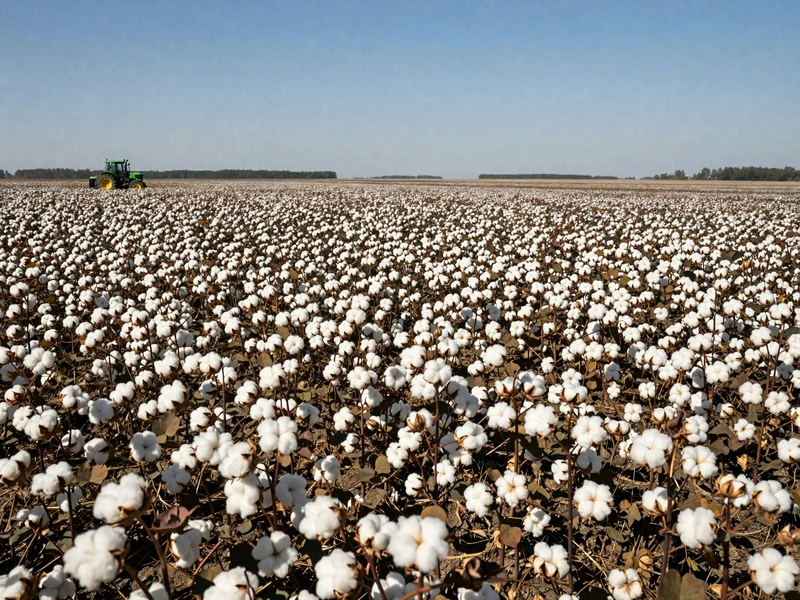 Cotton field ready for harvest in West Tennessee Delta farmland near Memphis with blue sky