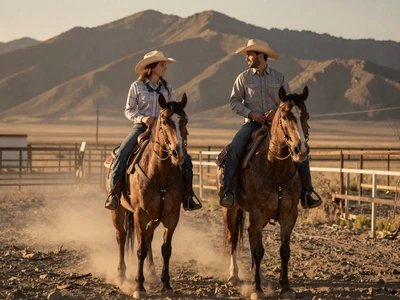 Cowboy and cowgirl riding horses on a ranch - country singles dating