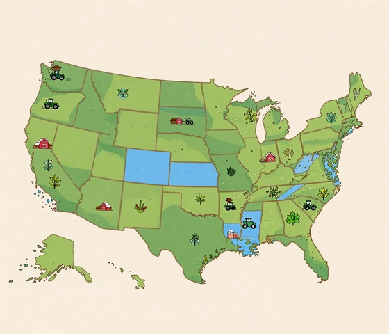 Map of the United States highlighting 19 agricultural states where Farmstead Singles connects local farmers dating
