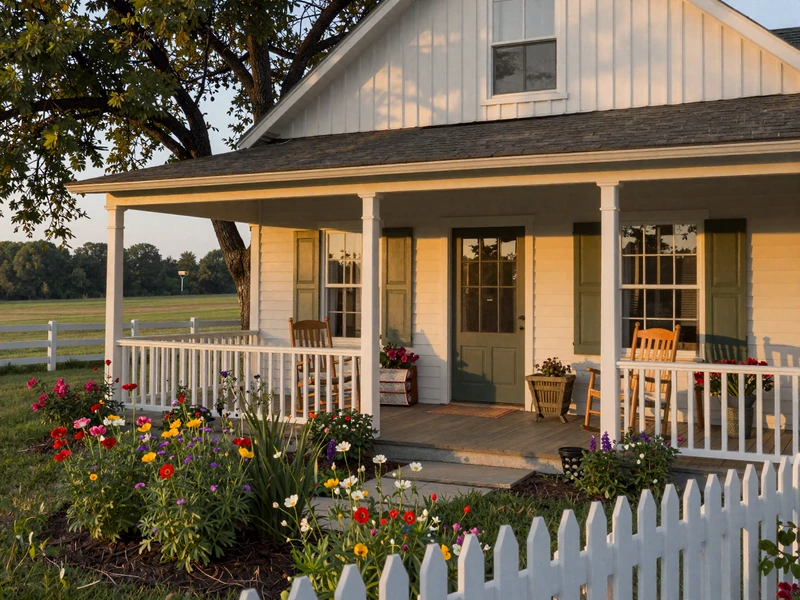 Warm inviting farmhouse with wrap-around porch in a rural American setting with wildflowers