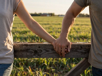 Couple holding hands at a farm fence with green pastures - how to date a farmer guide