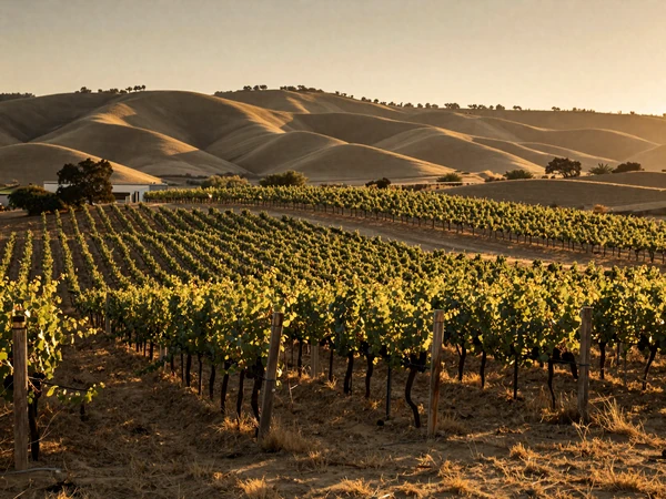 California vineyard at golden hour with rows of grapevines stretching to rolling hills in Sonoma County