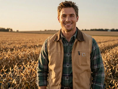 Tyler, a soybean farmer from Van Wert Ohio, standing in golden soybean field at sunset