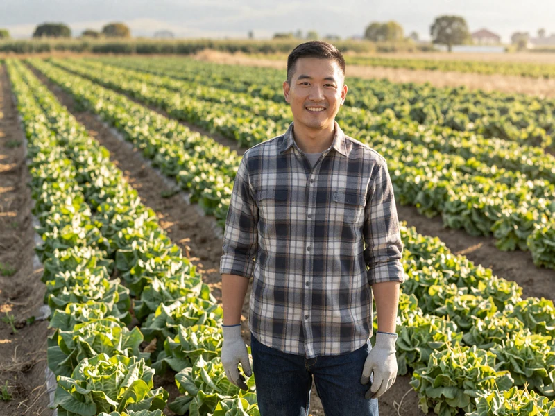 Asian American farmer smiling in a California vegetable field - Asian farmers dating