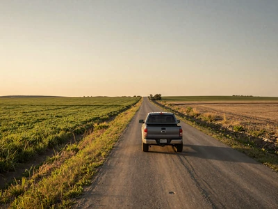 Pickup truck on a long country road through farmland - long distance rural dating