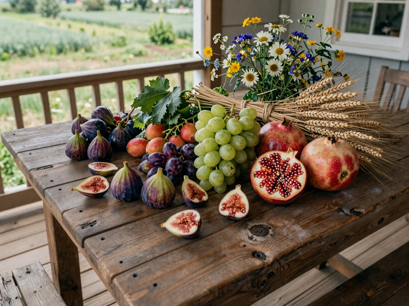 Rustic farmhouse table with fresh first fruits including figs grapes and wheat sheaves celebrating Shavuot harvest
