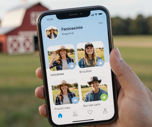 Smartphone showing Farmstead Singles activity feed with farm-themed profile cards and community interactions