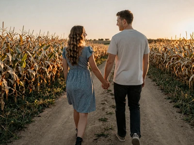 Couple walking along a dirt road between cornfields at sunset - how to date a farmer guide