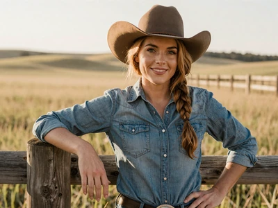 Sarah, a Flint Hills cattle rancher from Strong City Kansas, leaning on fence with prairie behind her