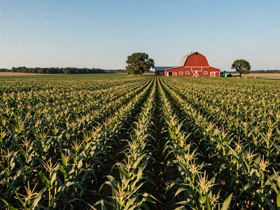 Iowa farmland with cornfields and red barn for Iowa farmers dating