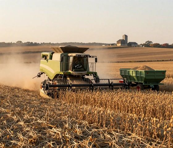 Iowa combine harvester working golden soybean field during fall harvest season, illustrating the busy schedule of Iowa farmers dating