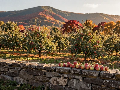 New Hampshire apple orchard in autumn with White Mountains backdrop for rural dating