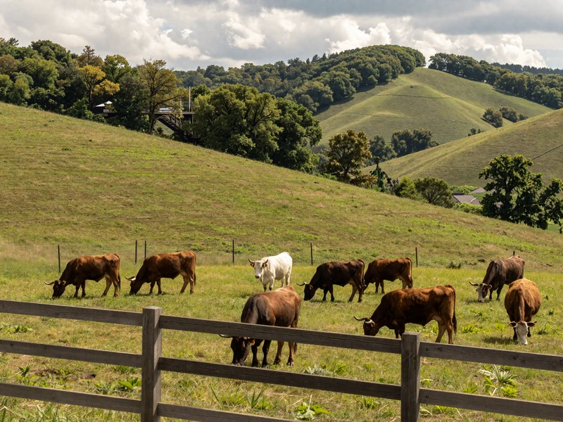Black Angus cattle grazing on lush green Ozark hills in Missouri with wooden fence and hardwood trees