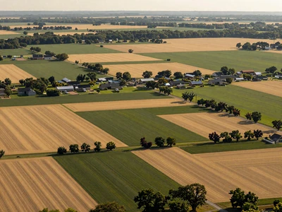 Aerial view of American farmland patchwork showing diverse agricultural communities