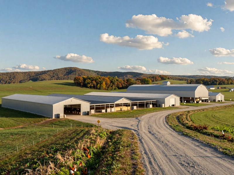 Modern poultry barns on a Missouri farm in Ozark hills surrounded by green pastures and gravel road