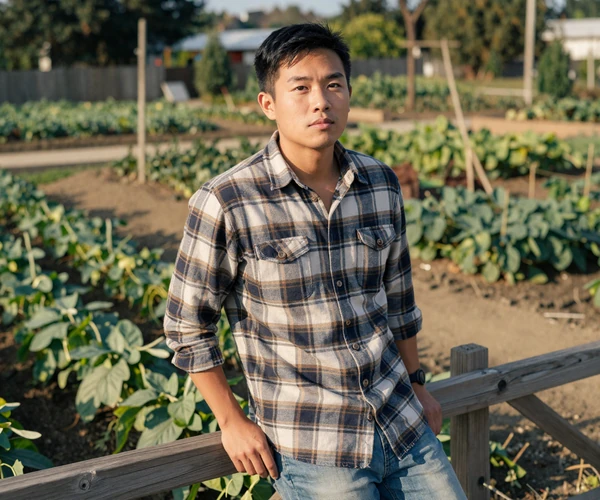 Young Asian American farmer leaning against a wooden fence on an organic farm in warm afternoon light