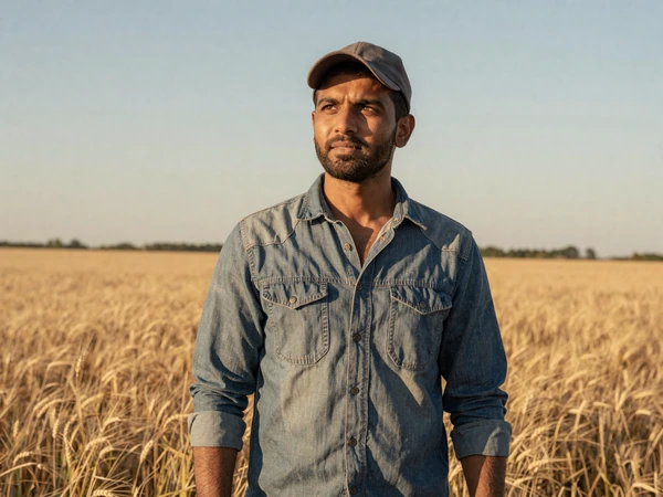 Yusuf, a Pakistani American farmer standing at the edge of a golden wheat field in Kansas at sunset