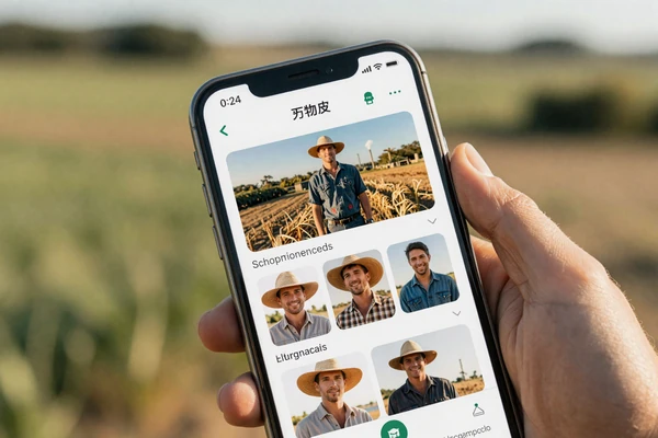 Smartphone showing a farmer dating app with rural landscape behind - niche vs mainstream dating