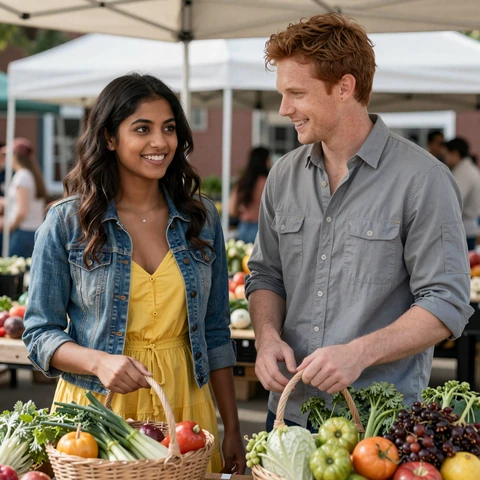 Priya and Jake at an Ohio farmers market holding baskets of fresh vegetables