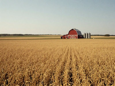Illinois farmland with golden soybean field and red barn for Illinois farmers dating
