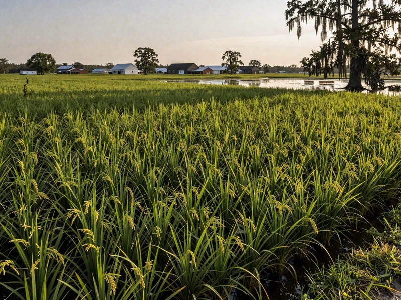 Green rice paddies in Arkansas Delta with farm buildings reflecting warm Southern farming atmosphere