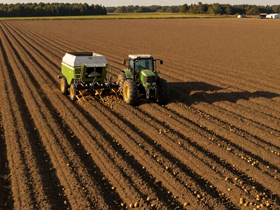 Potato harvest in Aroostook County Maine with tractor working flat agricultural fields