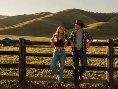 Young couple at ranch fence during sunset - country farmers dating community