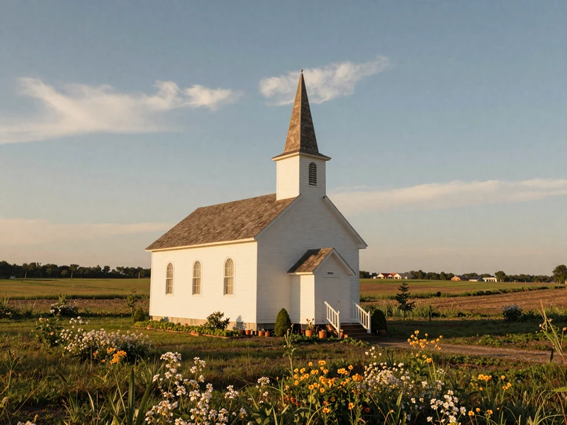 White country church with steeple surrounded by green farmland and wildflowers in warm afternoon light