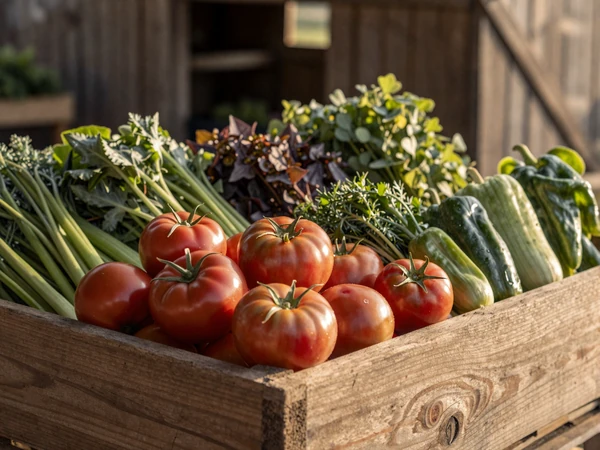 Fresh organic vegetables in a wooden crate at a farm stand with a rustic barn in the background