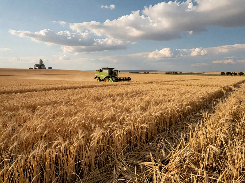 Golden wheat field stretching to horizon in Montana Golden Triangle with combine harvester during harvest