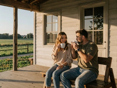 Couple drinking coffee on a farmhouse porch at dawn - how to date a farmer guide