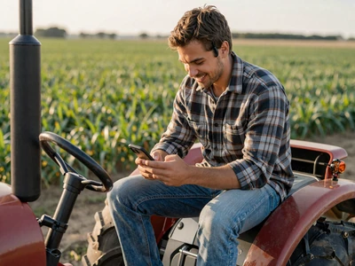Young farmer checking his phone on a tractor step in a green field - online dating tips for farmers