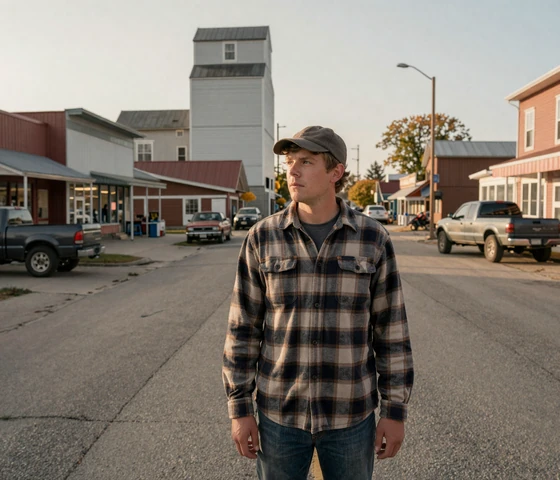 Young farmer standing on a quiet small-town main street in rural Minnesota illustrating the shrinking dating pool